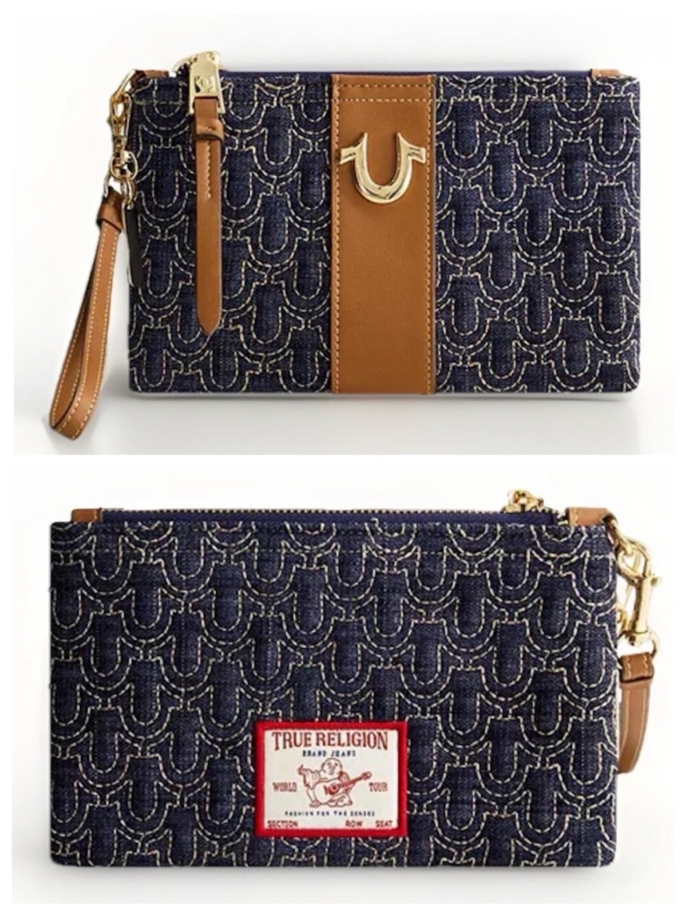 TRUE RELIGION Denim Faux LTR Horseshoe Buddha Quilted Wristlet Wallet Purse NWT